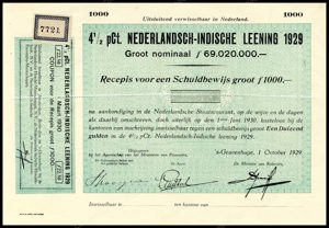 Nederlands-Indië, 4,5% lening 1929, Recepis voor een schuldbewijs, 1000 Gulden, 1 October 1929, PROOF
