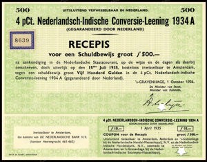Nederlandsch-Indie, 4% Conversielening 1934A, Recepis voor een schuldbewijs, 500 Gulden, 1 October 1934, PROOF