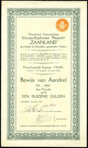 Nederland, Scheeps-Exploitatie Maatschappij "Zaanland" N.V., Bewijs van aandeel, 1000 Gulden, December 1916