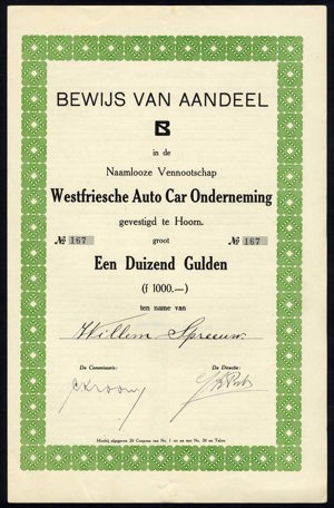 Nederland, Westfriesche Auto Car Onderneming (WACO), Bewijs van aandeel B, 1000 Gulden, 1930