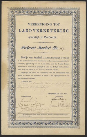 Vereeniging tot Landverbetering, Preferent Aandeel, 600 gulden, 19 april 1895
