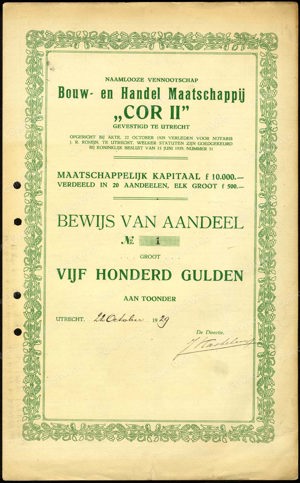 Bouw- en Handel Maatschappij "Cor II" N.V., Bewijs van aandeel, 500 Gulden, 22 October 1929, No. 1