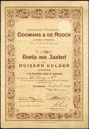 Coomans & de Roock CV, Bewijs van aandeel, 1000 Gulden, 12 April 1894