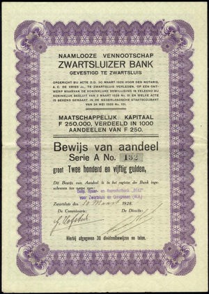 Zwartsluizer Bank N.V., Bewijs van aandeel, 250 Gulden, 30 Maart 1918