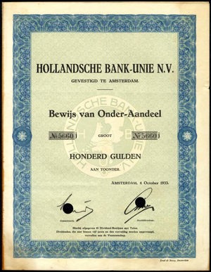 Hollandsche Bank-Unie N.V., Bewijs van onder-aandeel, 100 Gulden, 4 October 1933
