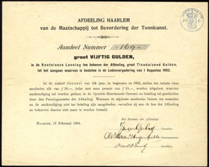 Maatschappij tot Bevordering der Toonkunst, Aandeel, 50 Gulden, 15 February 1904