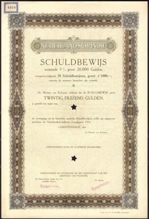 Nederlandsch-Indie, 5% lening 1916, Schuldbewijs, 20,000 Gulden, 1916, SPECIMEN