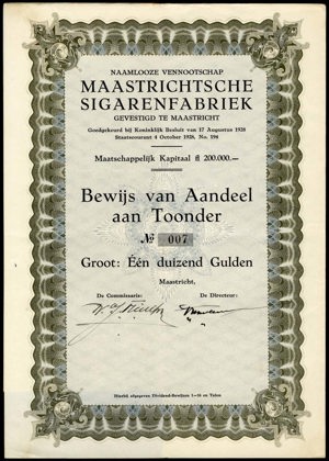 Maastrichtsche Sigarenfabriek N.V., Bewijs van aandeel, 1000 Gulden, 1928