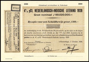 Nederlandsch-Indie, 4,5% lening 1929, Recepis voor een schuldbewijs, 100 Gulden, 1 October 1929, PROOF