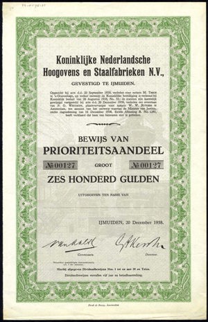 Koninklijke Nederlandsche Hoogovens en Staalfabrieken N.V., Bewijs van Prioriteitsaandeel, 600 Gulden, 20 December 1938