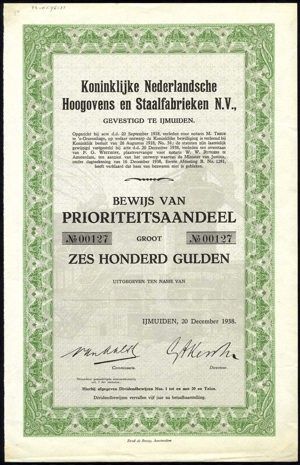 Nederland, Koninklijke Nederlandsche Hoogovens en Staalfabrieken N.V., Bewijs van Prioriteitsaandeel, 600 Gulden, 20 December 1938