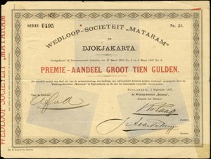 Wedloop-Societeit "Mataram", Premie-aandeel, 10 Gulden, 1 September 1897