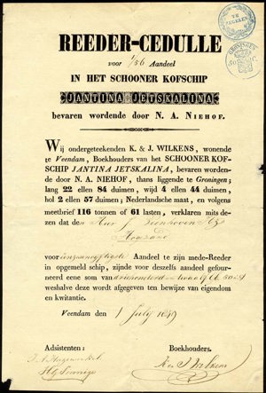 Schooner Kofschip Jantina Jetskalina, Reeder-Cedulle voor 1/56 Aandeel, 1 Juli 1849