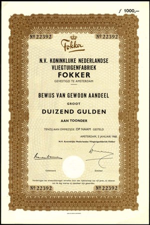 Koninklijke Nederlandse Vliegtuigenfabriek Fokker N.V., Bewijs van gewoon aandeel, 1000 Gulden, 2 January 1968