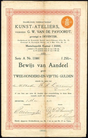 Kunst-Ateliers voorheen G.W. van de Pavoordt, Bewijs van aandeel, 250 Gulden, 1 Mei 1914