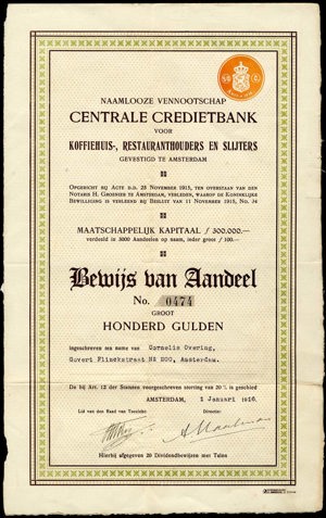 Centrale Credietbank voor Koffiehuis-, Restauranthouders en Slijters N.V., Bewijs van aandeel, 100 Gulden, 1 January 1916