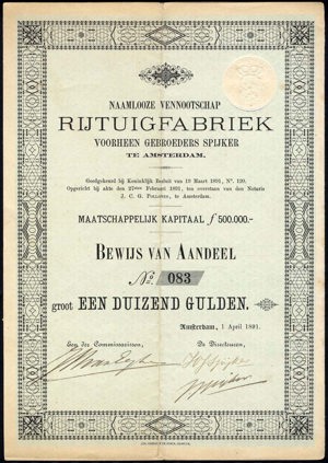 Rijtuigfabriek voorheen Gebroeders Spijker N.V., Bewijs van aandeel, 1000 Gulden, 1 April 1891