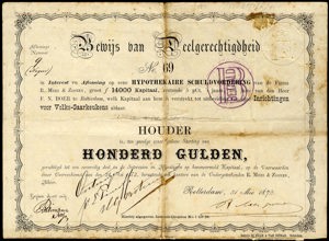 Inrichtingen voor Volks-Gaarkeukens F. N. Boer, Bewijs van deelgerechtigdheid, 100 Gulden, 31 May 1872