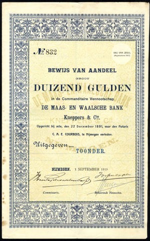 De Maas- en Waalsche Bank Kneppers & Cie. C.V., Bewijs van aandeel, 1000 Gulden, 1 September 1919