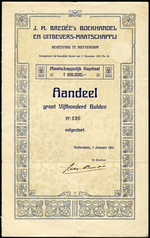 J.M. Bredée's Boekhandel en Uitgevers-Maatschappij, Aandeel, 500 Gulden, 1 January 1911