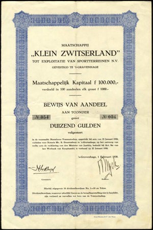 Maatschappij "Klein Zwitserland" tot exploitatie van Sportterreinen NV, Bewijs van aandeel, 1000 Gulden, 1 Februari 1938