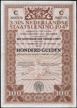 Koninkrijk der Nederlanden, Schuldbewijs aan toonder, 100 Gulden, 3-3½% Lening 1947