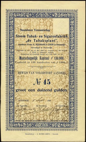 Stoom Tabak- en Sigarenfabriek "de Tabaksplant" voorheen Firma G. Rijkmans & Zoon N.V., Bewijs van volgestort aandeel, 1000 Gulden, 5 September 1906