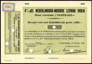 Nederlandsch-Indie, 4,5% lening 1926B, Recepis voor een schuldbewijs, 500 Gulden, 15 October 1926, PROOF