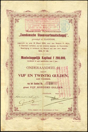 Zaandamsche Stoomvaartmaatschappij N.V., Onderaandeel H, 25 Gulden, March 1902