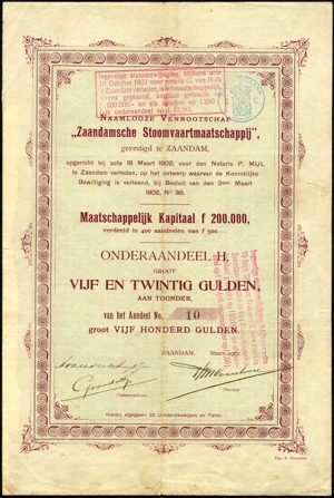Nederland, Zaandamsche Stoomvaartmaatschappij N.V., Onderaandeel H, 25 Gulden, March 1902