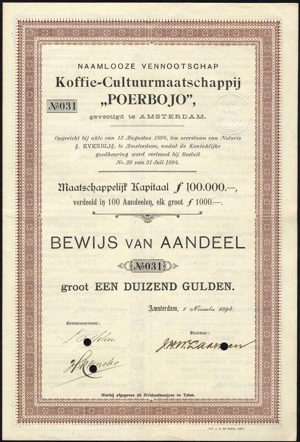 Koffie-Cultuurmaatschappij "Poerbojo" N.V., Bewijs van aandeel, 1000 Gulden, 1 November 1894