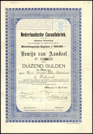 Nederlandsche Cacaofabriek N.V., Bewijs van aandeel, 1000 Gulden, 29 April 1901