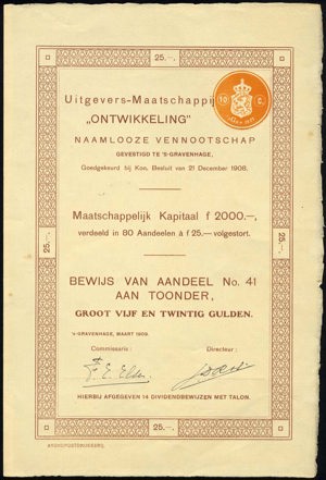 Uitgevers-Maatschappij "Ontwikkeling" N.V., Bewijs van aandeel, 25 Gulden, March 1909